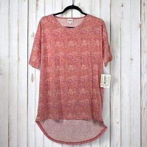 Lularoe Irma Half Sleeve Tunic High Low Polyester Blend Sz XS Pink Yellow Print